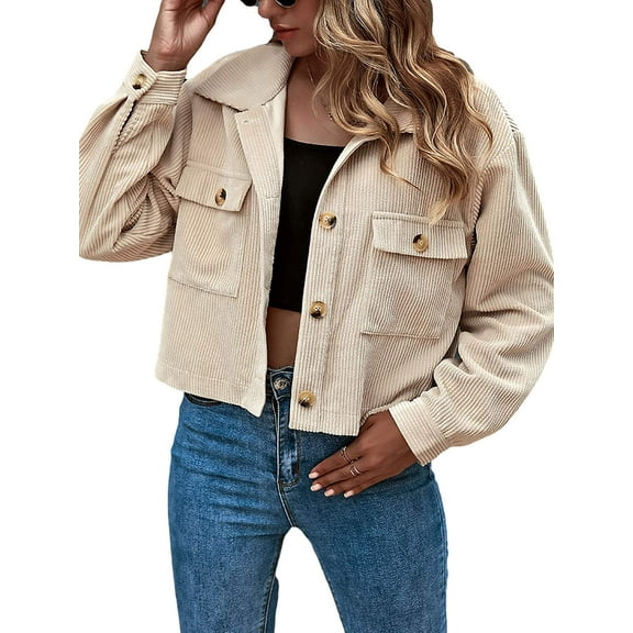 Casual Cropped Corduroy Shacket for Women - Button Down Short Jacket with Lapel Collar