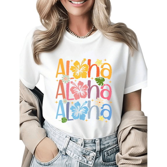 Casual Cute Aloha Hawaii Beach Graphic Tees Womans Tshirt Black/White S-5XL Tops