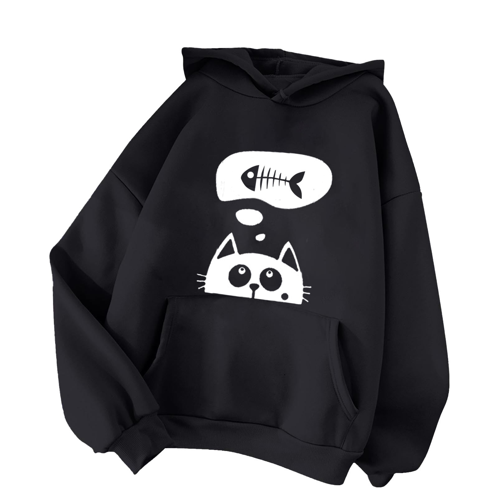 Casual Cute Cat Print Hoodies For Women Juniors Fall Winter Hooded Long ...