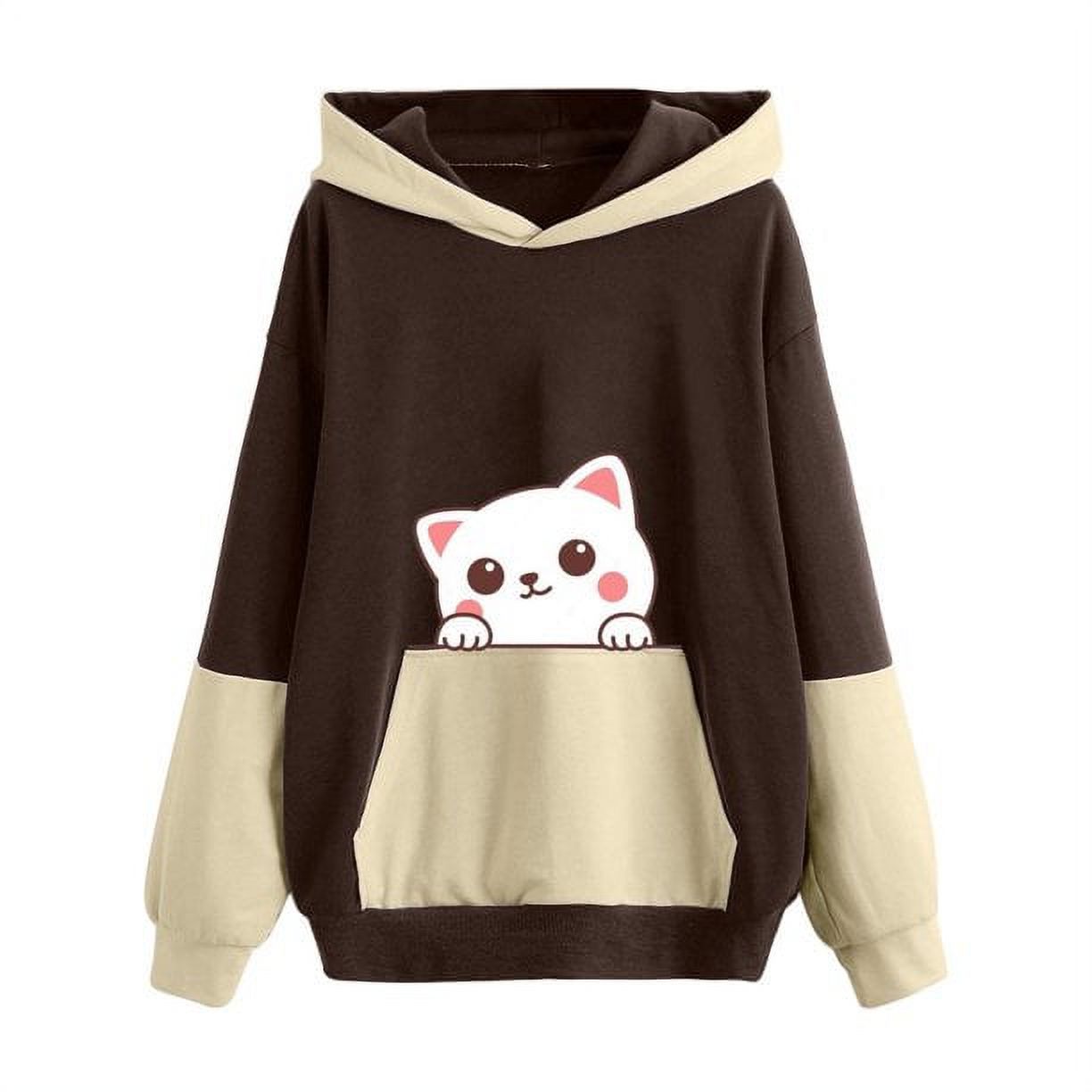 Casual Cute Cat Print Hoodies for Women Juniors Fall Winter Hooded Long
