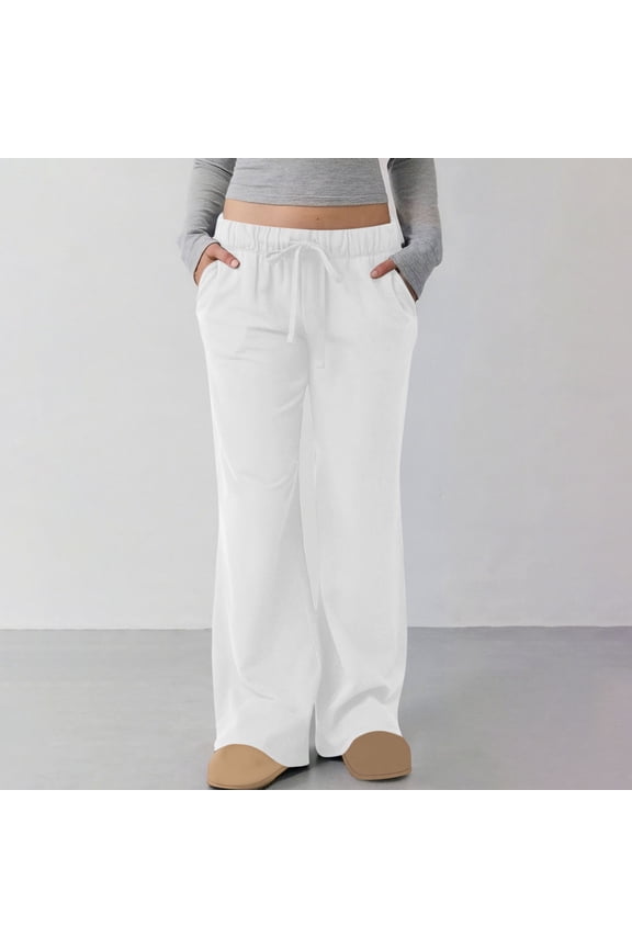 Casual Daily Pants for Women Basic Solid Color Essentials Womens Trousers with Side Pockets Elastic Waist Drawstring Autumn Vacation Fashion Trendy Wide Leg Trousers