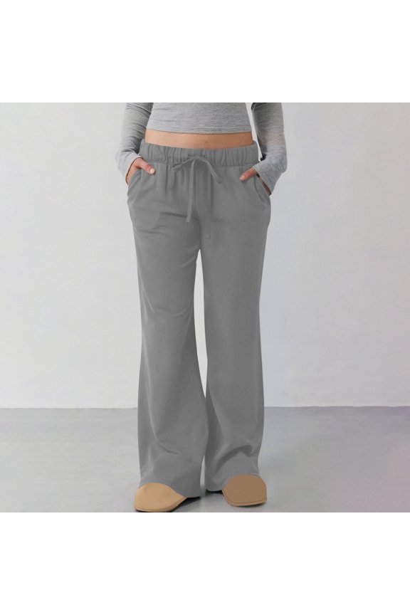 Casual Daily Pants for Women Basic Solid Color Essentials Womens Trousers with Side Pockets Elastic Waist Drawstring Autumn Vacation Fashion Trendy Wide Leg Trousers