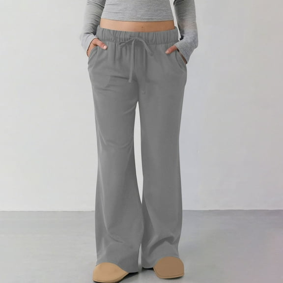 Casual Daily Pants for Women Basic Solid Color Essentials Womens Trousers with Side Pockets Elastic Waist Drawstring Autumn Vacation Fashion Trendy Wide Leg Trousers