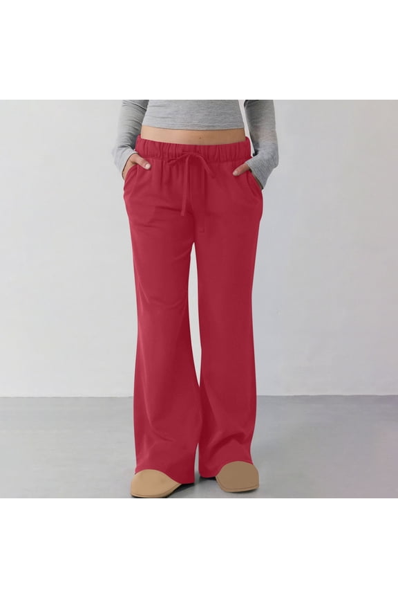 Casual Daily Pants for Women Basic Solid Color Essentials Womens Trousers with Side Pockets Elastic Waist Drawstring Autumn Vacation Fashion Trendy Wide Leg Trousers