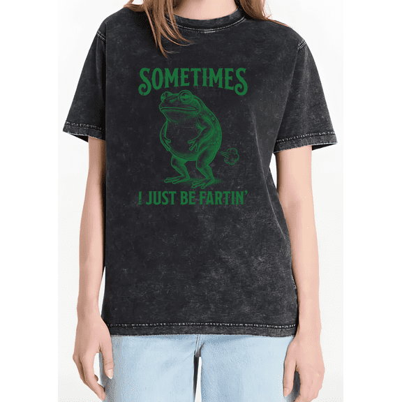 Casual Daily Shirts Washed Black Oversized Frog Print Tshirt Funny Fart Meme Graphic Tees S-2XL Tops