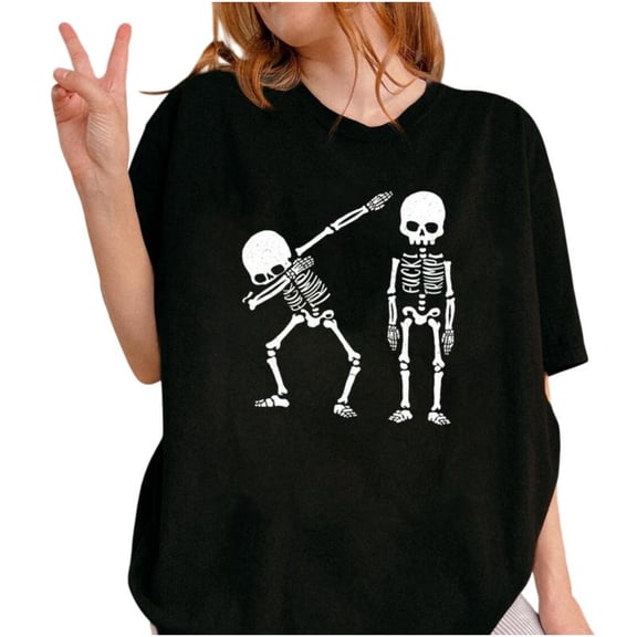 Casual Dancing Skeleton Graphic Tee Subtle Halloween Candy Design Comfort Cotton T-Shirt Black S-5XL