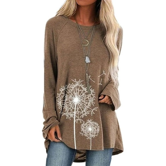 Casual Dandelion Print Longline Shirt for Women Plus Size Long Sleeve Floral Tunic Top Pullover Tee Shirts Blouse S-XXXXXL