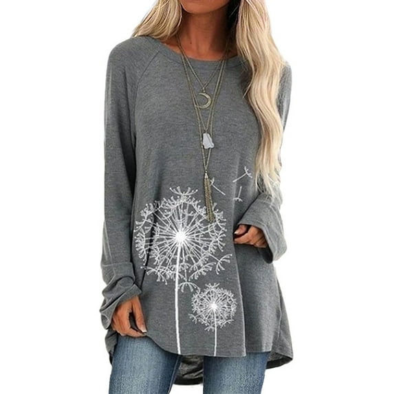 Casual Dandelion Print Longline Shirt for Women Plus Size Long Sleeve Floral Tunic Top Pullover Tee Shirts Blouse S-XXXXXL