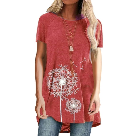Casual Dandelion Print Longline Shirt for Women Short Sleeve Floral Tunic Top Pullover Tee Shirts Blouse