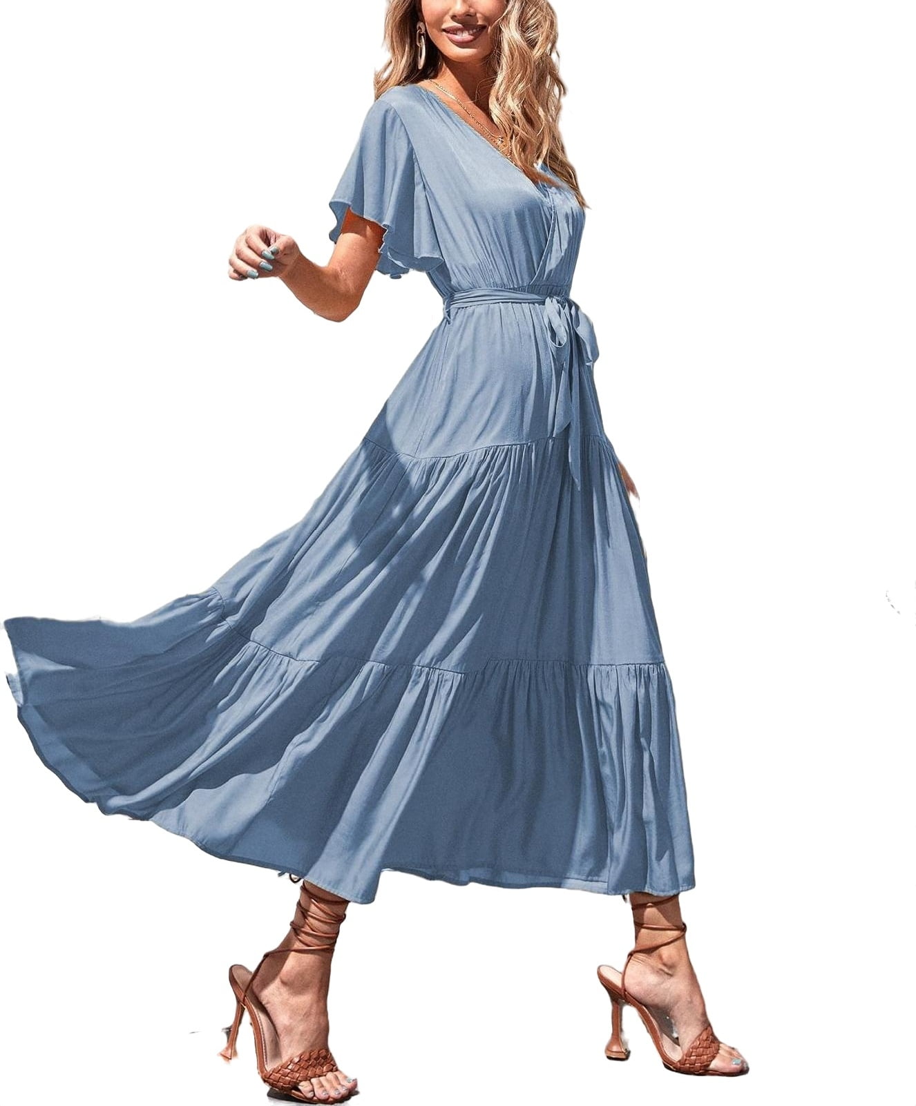Casual Deep V Neck A Line Dress Short Sleeve Dusty Blue Women s