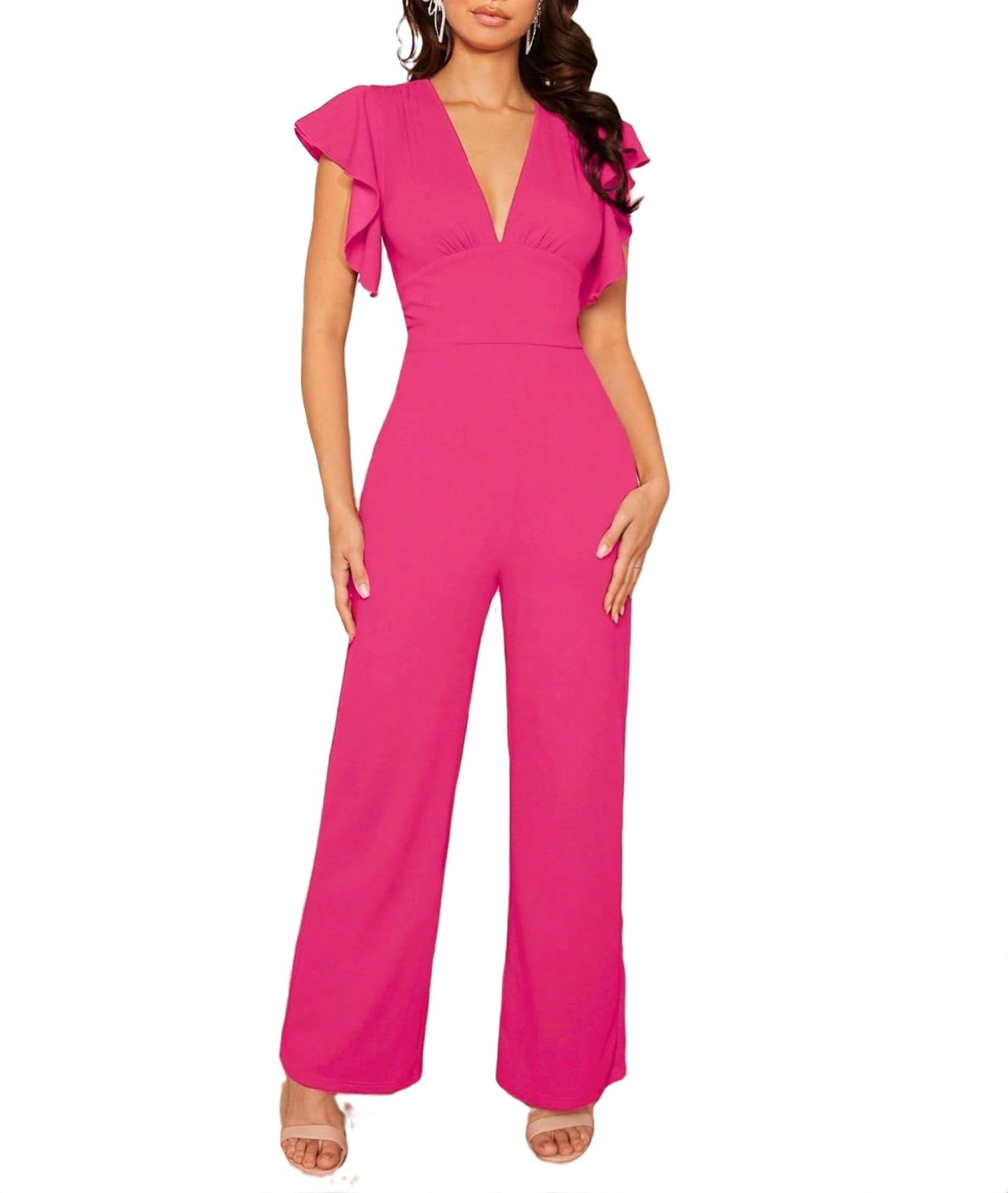 Casual Deep V Neck Tee Short Sleeve Hot Pink Women Jumpsuits (Women's ...
