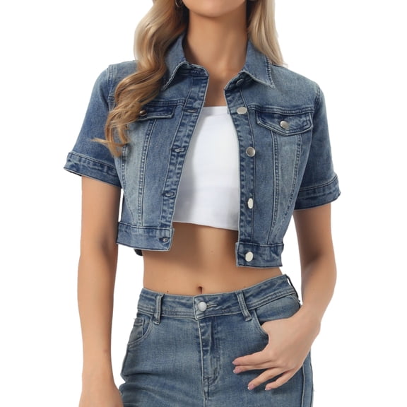 Casual Denim Jacket for Women Short Sleeves Crop Jean Denim Jacket XS Gray Blue