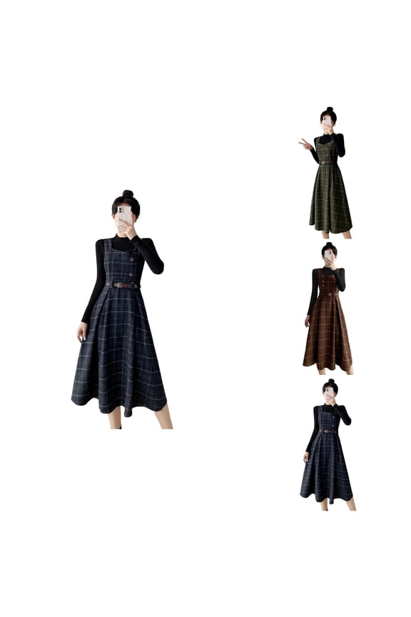 Casual Denim Pinafore Dress with Blouse, French Style Winter Warm Two-Piece Outfit, Sleeveless Plaid Wool Midi Overall with Belted Waist for Women, Elegant Fall Winter Apron Dress