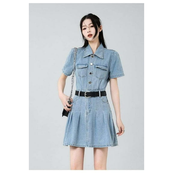 Casual Denim Short-Sleeve Dress (Blue, S)