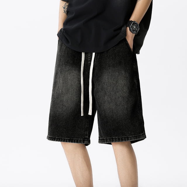 Casual Denim Shorts Men Elastic Waist Straight Comfortable Light Blue