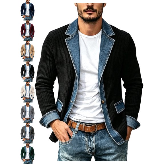 Casual Denim Splice Cardigans for Men Button Front Lapel Long Sleeve Loose Fit Layering Jacket