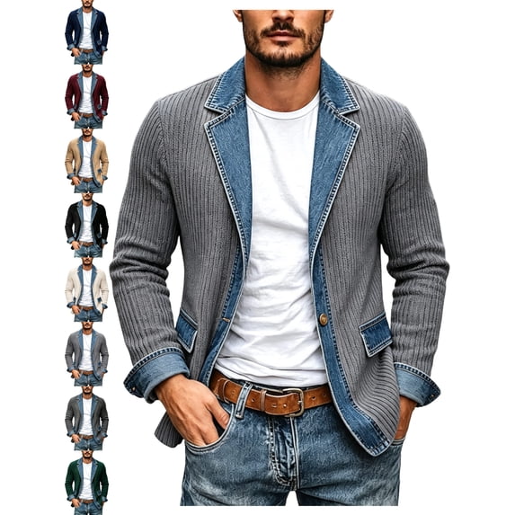 Casual Denim Splice Cardigans for Men Button Front Lapel Long Sleeve Loose Fit Layering Jacket