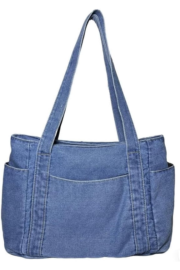 Casual Denim Tote Bag, Multi Pocket Purse for Women,Canvas Handbag, Light Blue