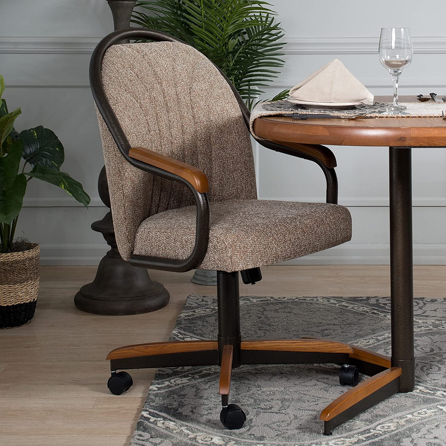 Brown Upholstered Metal and Wood Swivel Dining Chair