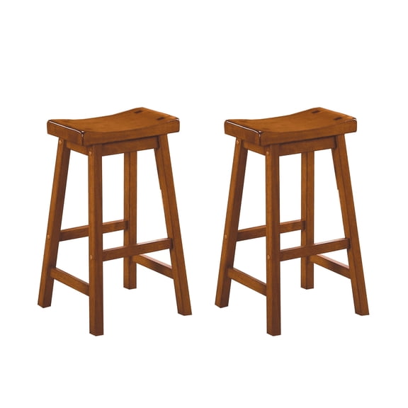 Casual Dining Stools 2pc Set Saddle Seat Solid Wood Oak Finish