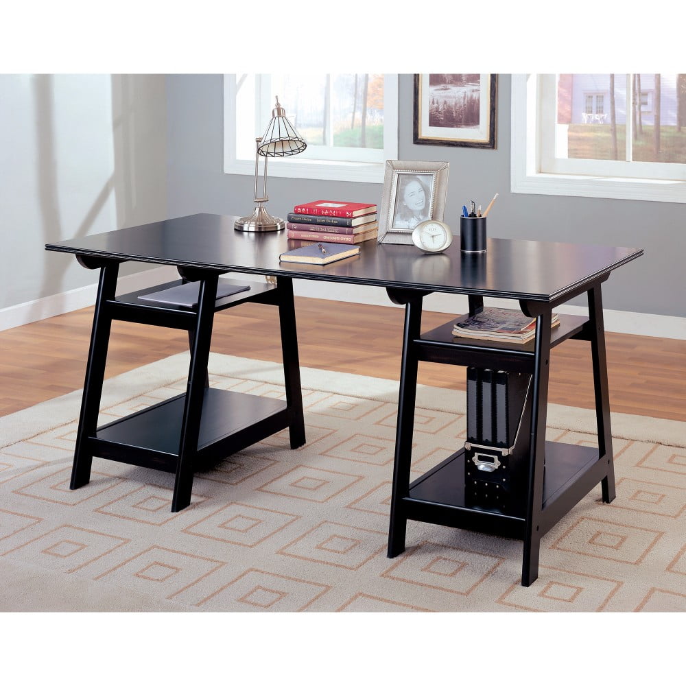 Casual Double Pedestal Wooden Writing Desk with Open Shelves, Black
