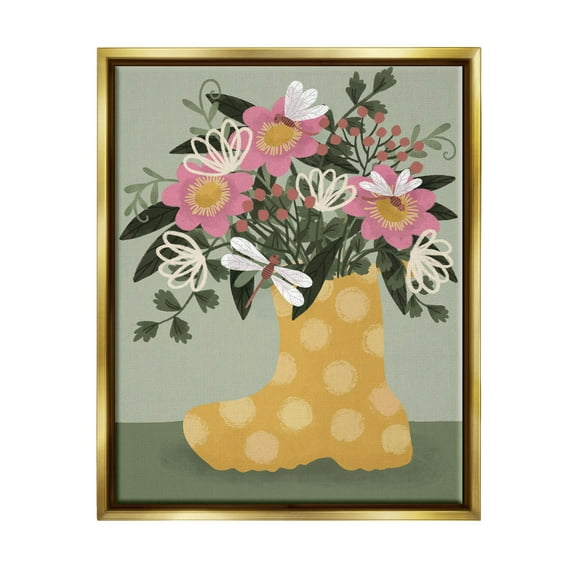 Casual Dragonfly Garden Bouquet Botanical & Floral Graphic Art Metallic Gold Framed Art Print Wall Art