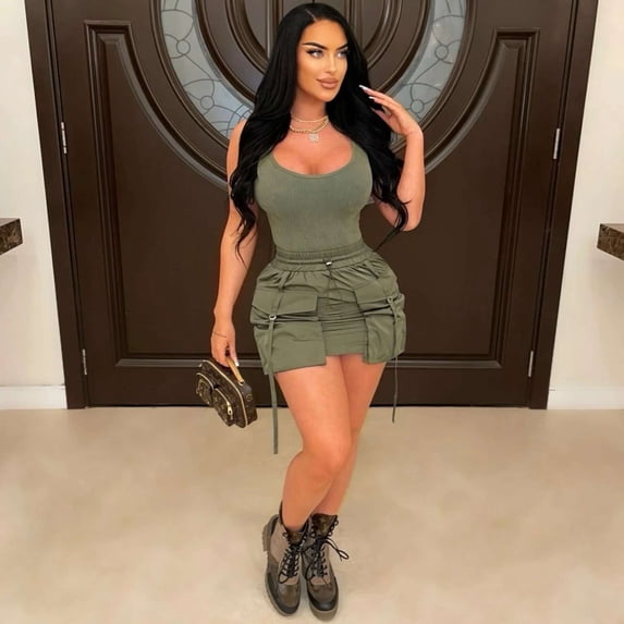 Casual Drawstring Mini Skirt (L, Green)
