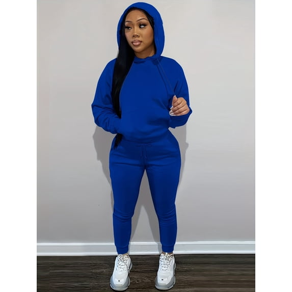 Casual Drawstring Pantsuits Two-piece Set, Pocket Hoodies Tops & Loose Long Sweatpants Set, Women's Clothing