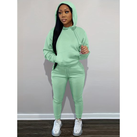 Casual Drawstring Pantsuits Two-piece Set, Pocket Hoodies Tops & Loose Long Sweatpants Set, Women's Clothing