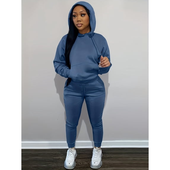 Casual Drawstring Pantsuits Two-piece Set, Pocket Hoodies Tops & Loose Long Sweatpants Set, Women's Clothing