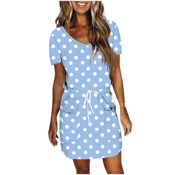 Casual Drawstring Waist Dress with Pockets Summer Casual Midi Dresses Short Sleeve V Neck Knee Length T Shirt Dress