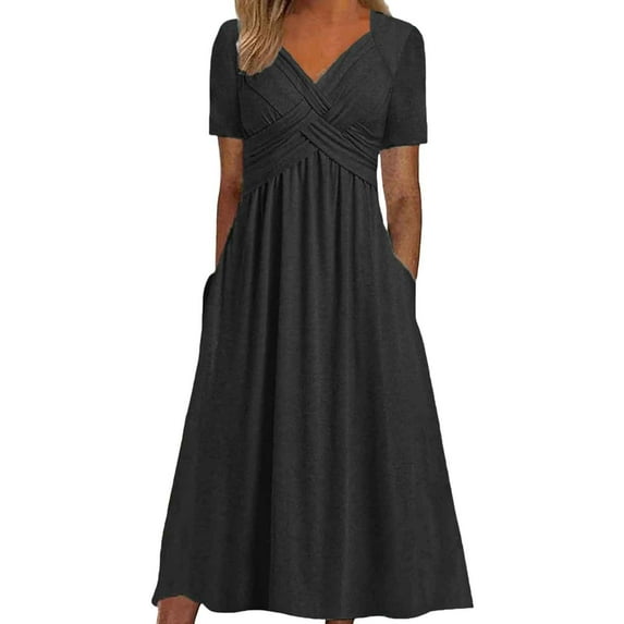 Casual Dress For Women Fashion Solid Color Short Sleeve Leisure Loose Long Dress With Pockets Simple T-Shirt Loose Dress