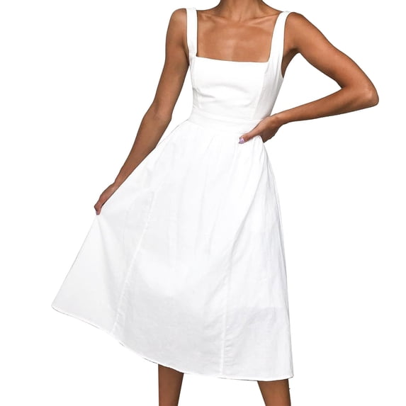 Casual Dress For Women Sexy Square Neck Spaghetti Strap Solid Sleeveless Summer Loose Dress