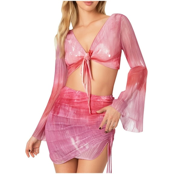 Casual Dress for Lady Women's Mini Skirt Sets, Long Sleeve Tie Front Cropped Cardigan with Bodycon Ruched Mini Dress, Sheer Mesh Cover up 2pc Outfits L