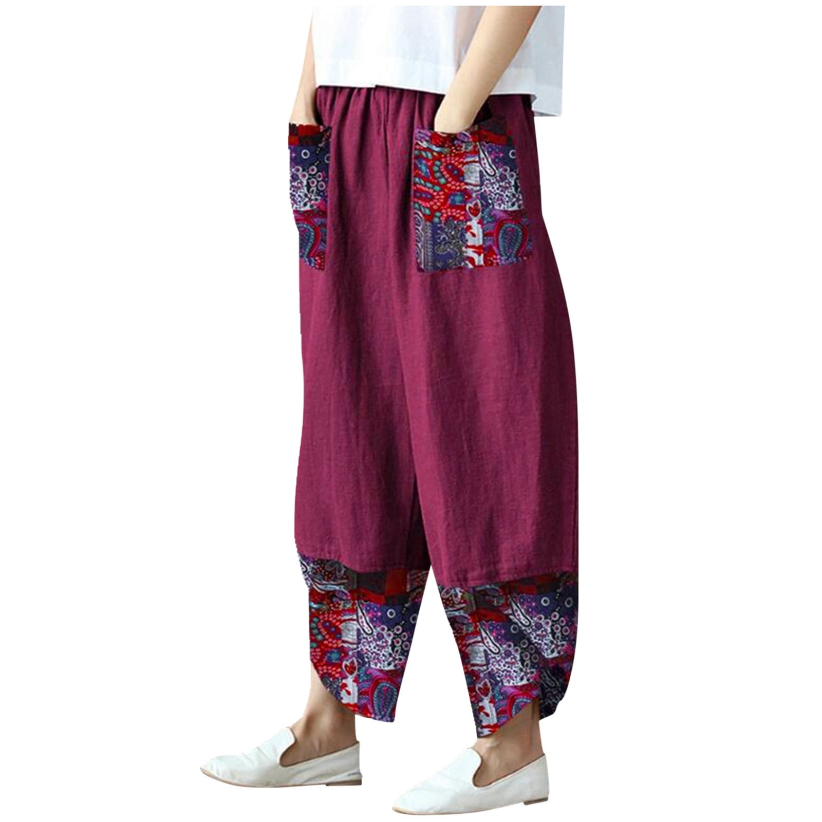 Women Pants Wide Leg Linen Splicing Summer Casual Harem Cropped Cotton  Linen Pants Trousers 