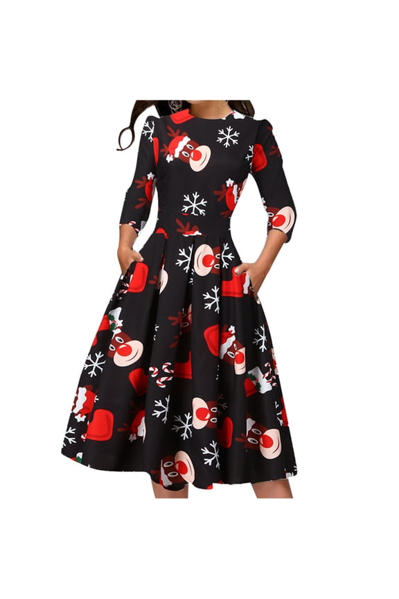 Casual Dress Sleeve Print Party Fashion Womens O-Neck Christmas Mini Women's Dress Petite Fall Dresses