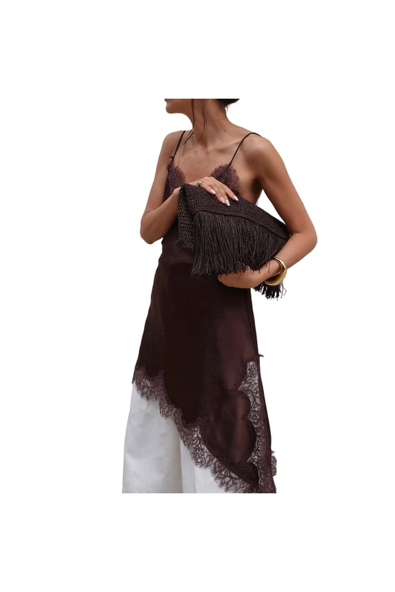 Casual Dress With Unique Asymmetric Cut Lace Detail Comfortable Polyester Spandex Breathable Fabric Dress