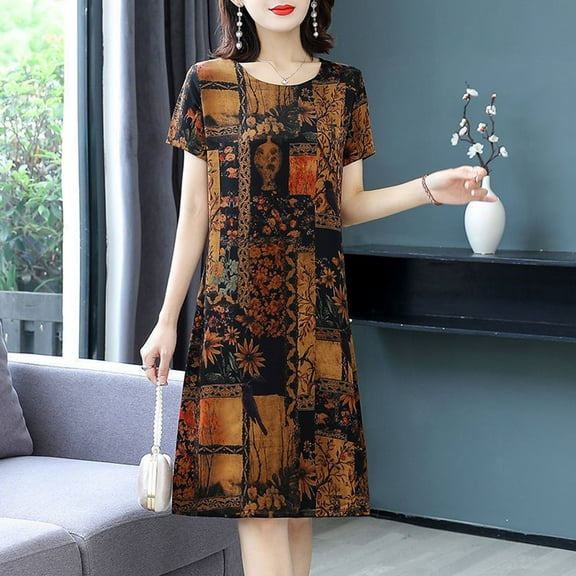 Casual Dress Women Retro plus size print short-sleeved skirt loose mother wear