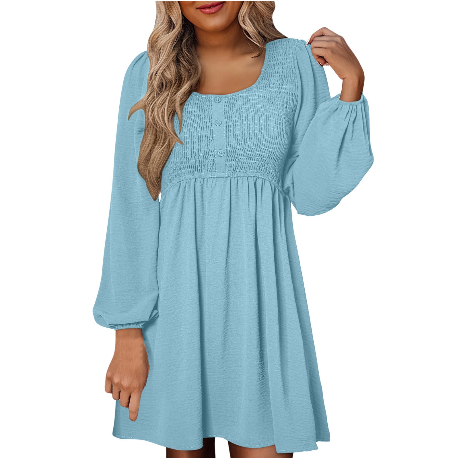 Casual Dress for Women Fall Spring Fashion Smocked Buttons Crew Neck Long  Sleeve High Waisted Swing Short Dresses (L, Sky Blue) - Walmart.com