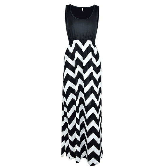 Women Plus Size Sleevesless Dress Wave Stripes V Neck Summer Boho Evening Party Cocktail Strappy Top Dress