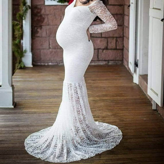 Casual Dresses Up to YODETEY Womens Maternity Dresses Ladies Fashion Sexy Mesh Lace Long Sleeve Photography Mopping Long Dress Maternity White L