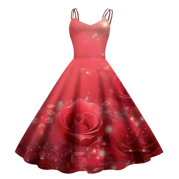 Casual Dresses Fashion Heart Printed Round Neck Strappy Retro Rockabilly Womens Casual Dress Beachwear
