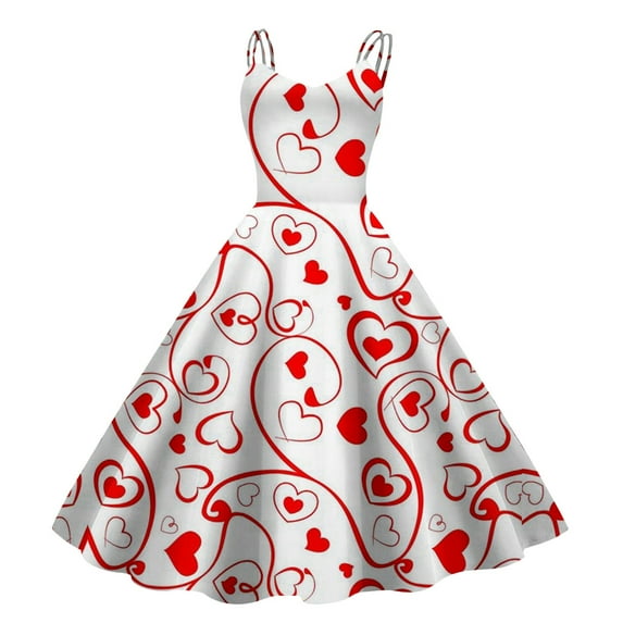 Casual Dresses Fashion Heart Printed Round Neck Strappy Retro Rockabilly Womens Casual Dress Outwear