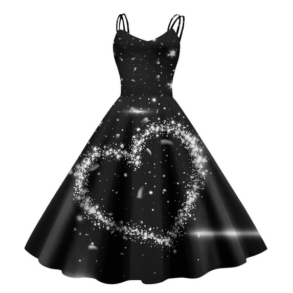 Casual Dresses Fashion Heart Printed Round Neck Strappy Retro Rockabilly Womens Casual Dress Workwear