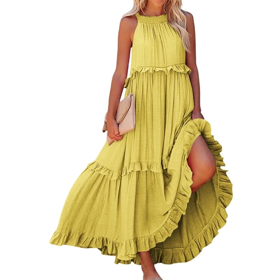 Casual Dresses For Women Built In Bra Dresses Loose Vacation Dress Flowy Halter Mzxi Dresses Yellow XL