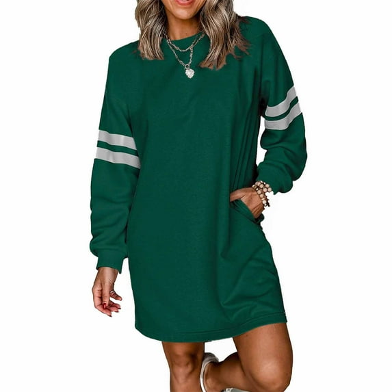 Casual Dresses For Women Sevevn Fashion Women Long Sleeve Round-Neck Solid Patchwork Pockets Dresses Sweatshirt Dress