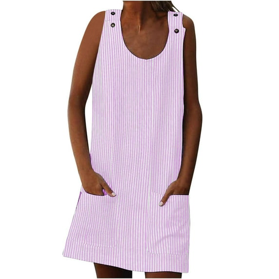 Casual Dresses For Women Sevevn Women's Fashion Holiday Summer Neck Pockets Striped Daily Sundress Sleeveless Party Beach Dress Womens Spring Dresses