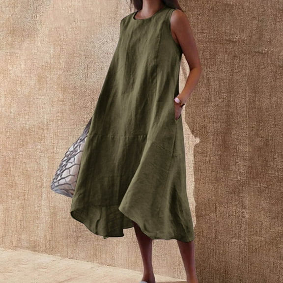 Casual Dresses For Women Summer Dresses For Women Print Sleeveless Round Neck Dress Casual Long Dresses Green M