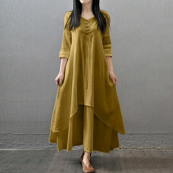 Casual Dresses For Womens Autumn Winter Cotton Linen Solid Color V Neck Long Sleeve Irregular Large Swing Loose Maxi Dress Holiday-Wear