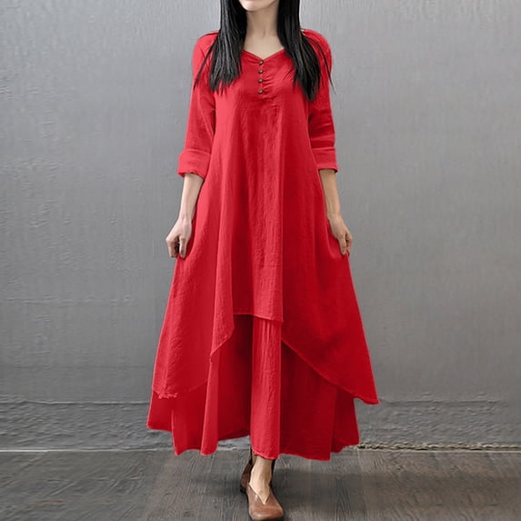 Casual Dresses For Womens Autumn Winter Cotton Linen Solid Color V Neck Long Sleeve Irregular Large Swing Loose Maxi Dress Outwear